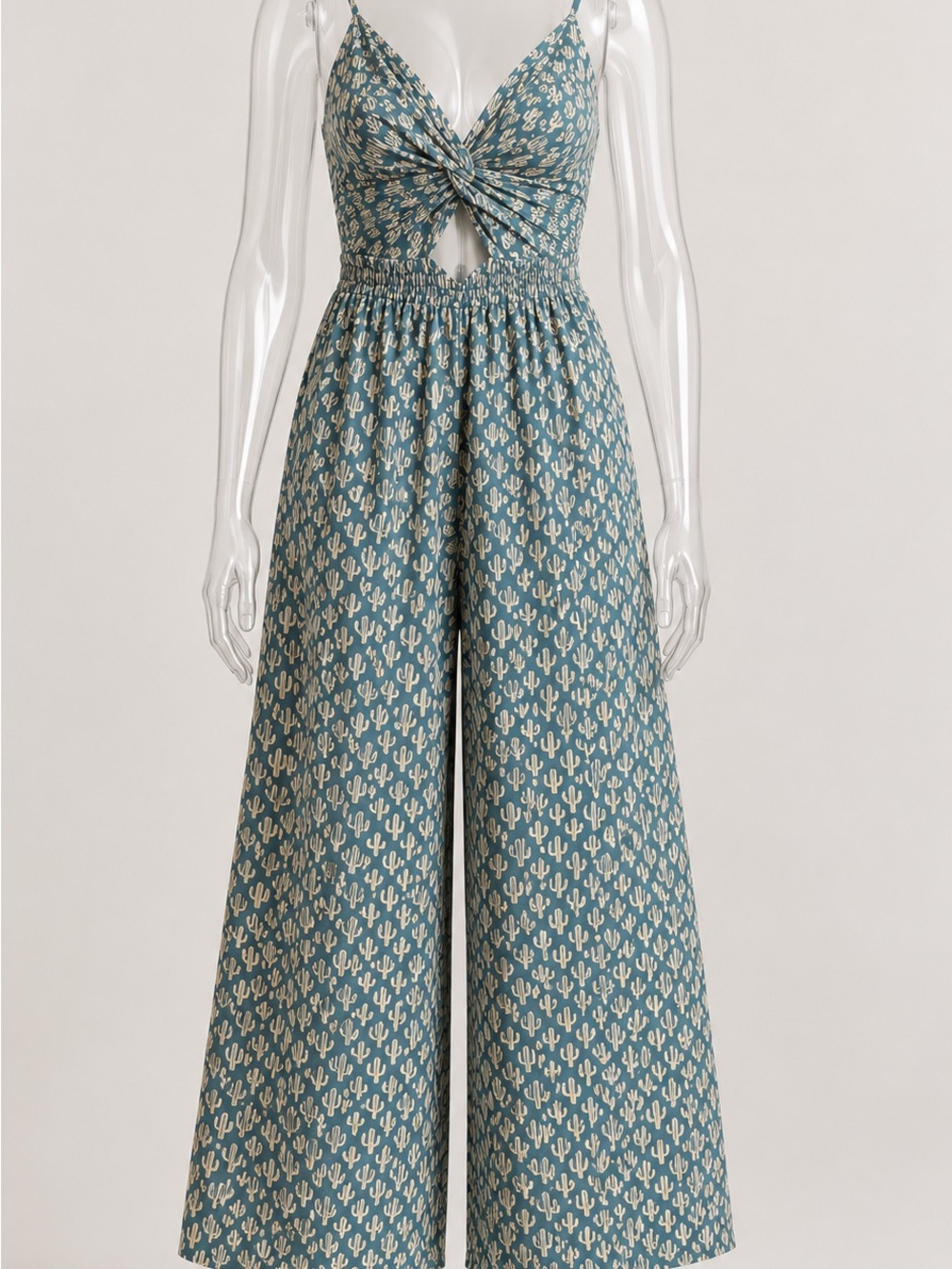 Angie Teal & Cream Knot-Front Wide-Leg Jumpsuit